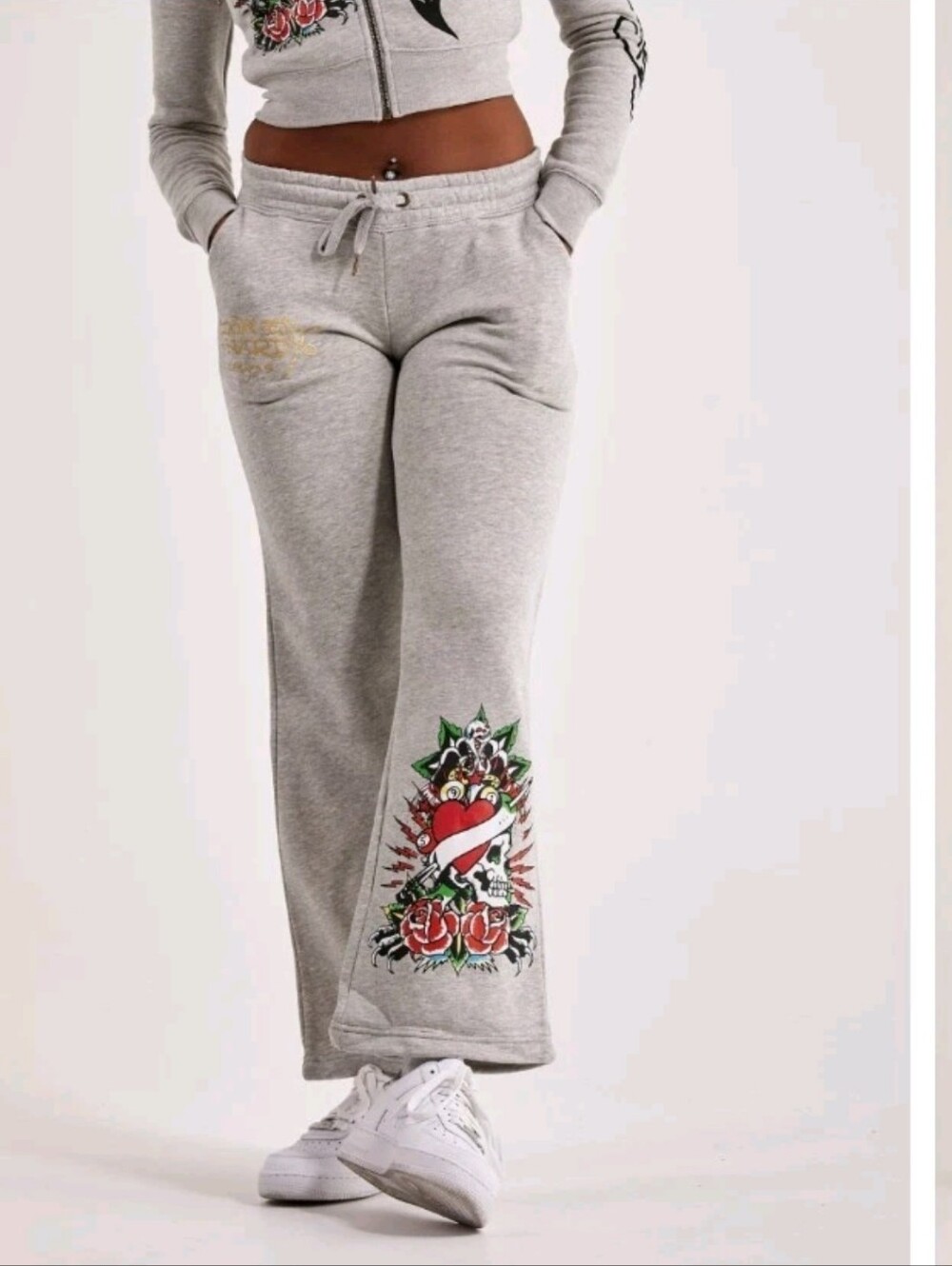 Ed Hardy Womens Gray Heart Roses Flared Y2K Sweatpants L